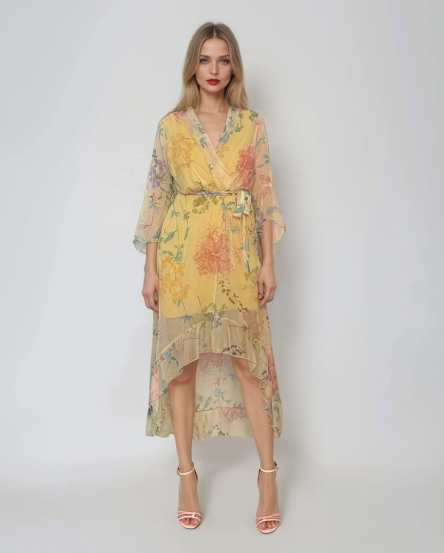 Rochie asimetrică din voal cu print floral și cordon galben 