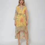 Rochie asimetrică din voal cu print floral și cordon galben 