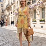 Rochie asimetrică din voal cu print floral și cordon galben 