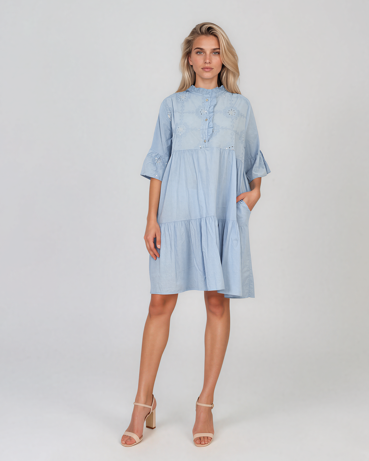 Rochie baby-doll cu broderie și paiete bleu HL122