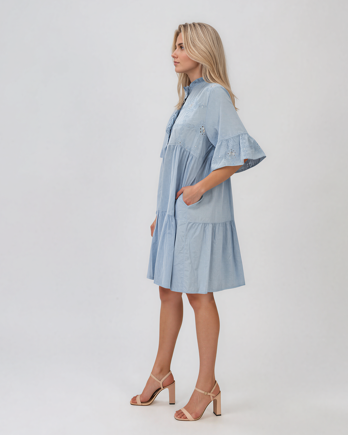 Rochie baby-doll cu broderie și paiete bleu HL122