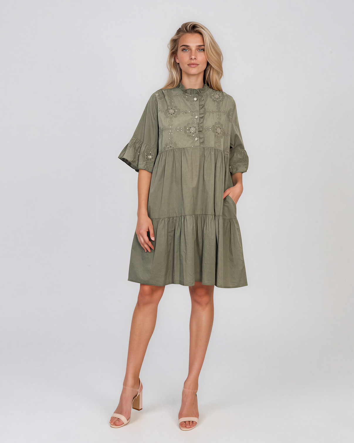 Rochie baby-doll cu broderie și paiete kaki HL122