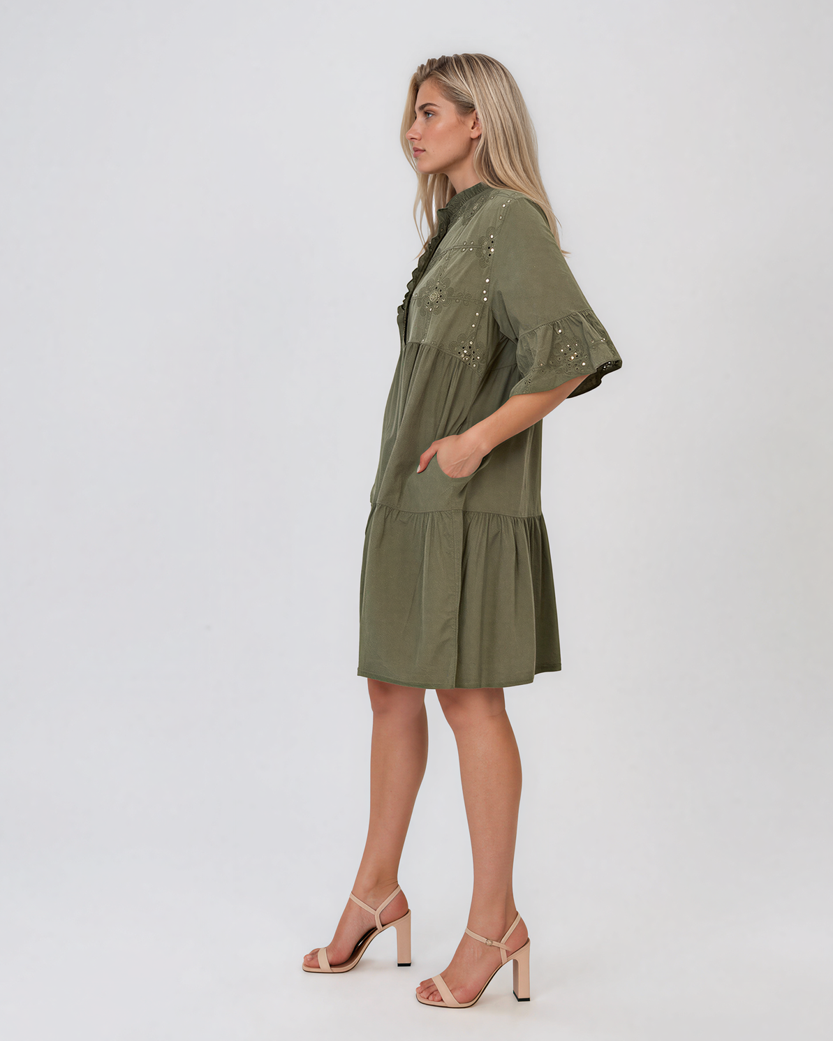 Rochie baby-doll cu broderie și paiete kaki HL122