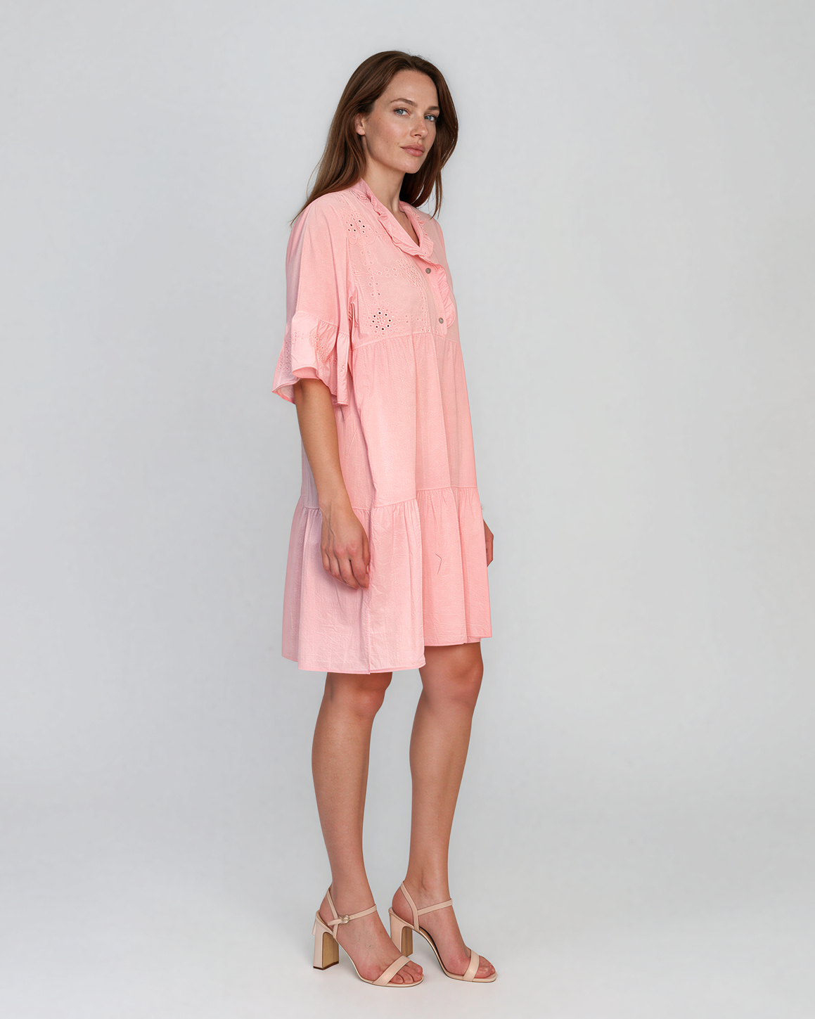 Rochie baby-doll cu broderie și paiete roz HL122