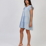 Rochie babydoll din bumbac cu bust brodat și volane bleu HL098