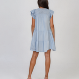 Rochie babydoll din bumbac cu bust brodat și volane bleu HL098