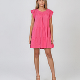 Rochie babydoll din bumbac cu bust brodat și volane ciclam HL098