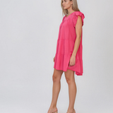 Rochie babydoll din bumbac cu bust brodat și volane ciclam HL098