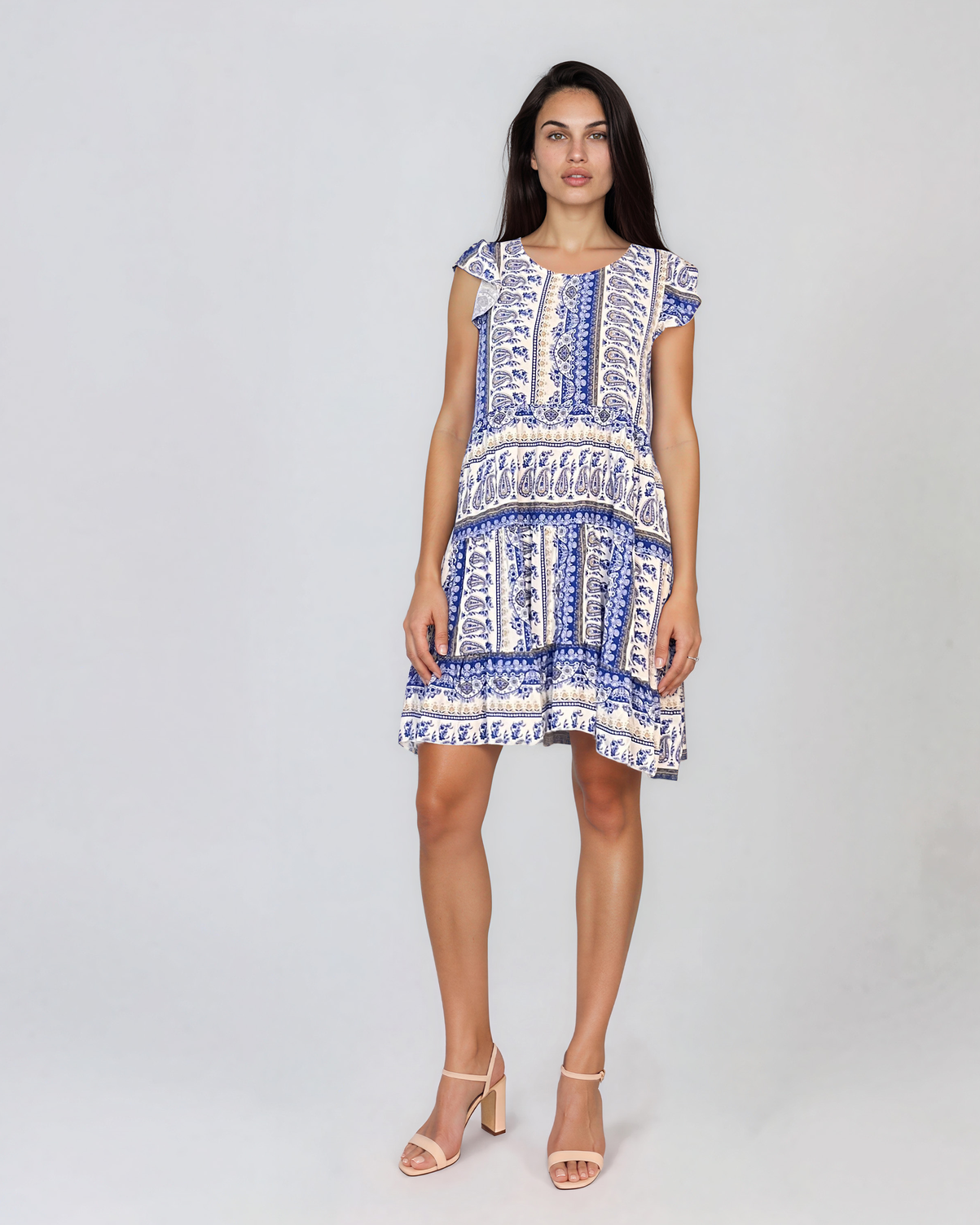 Rochie babydoll din vâscoză  cu print oriental și volane albastru HL099
