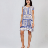 Rochie babydoll din vâscoză  cu print oriental și volane albastru HL099