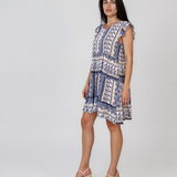 Rochie babydoll din vâscoză  cu print oriental și volane albastru HL099