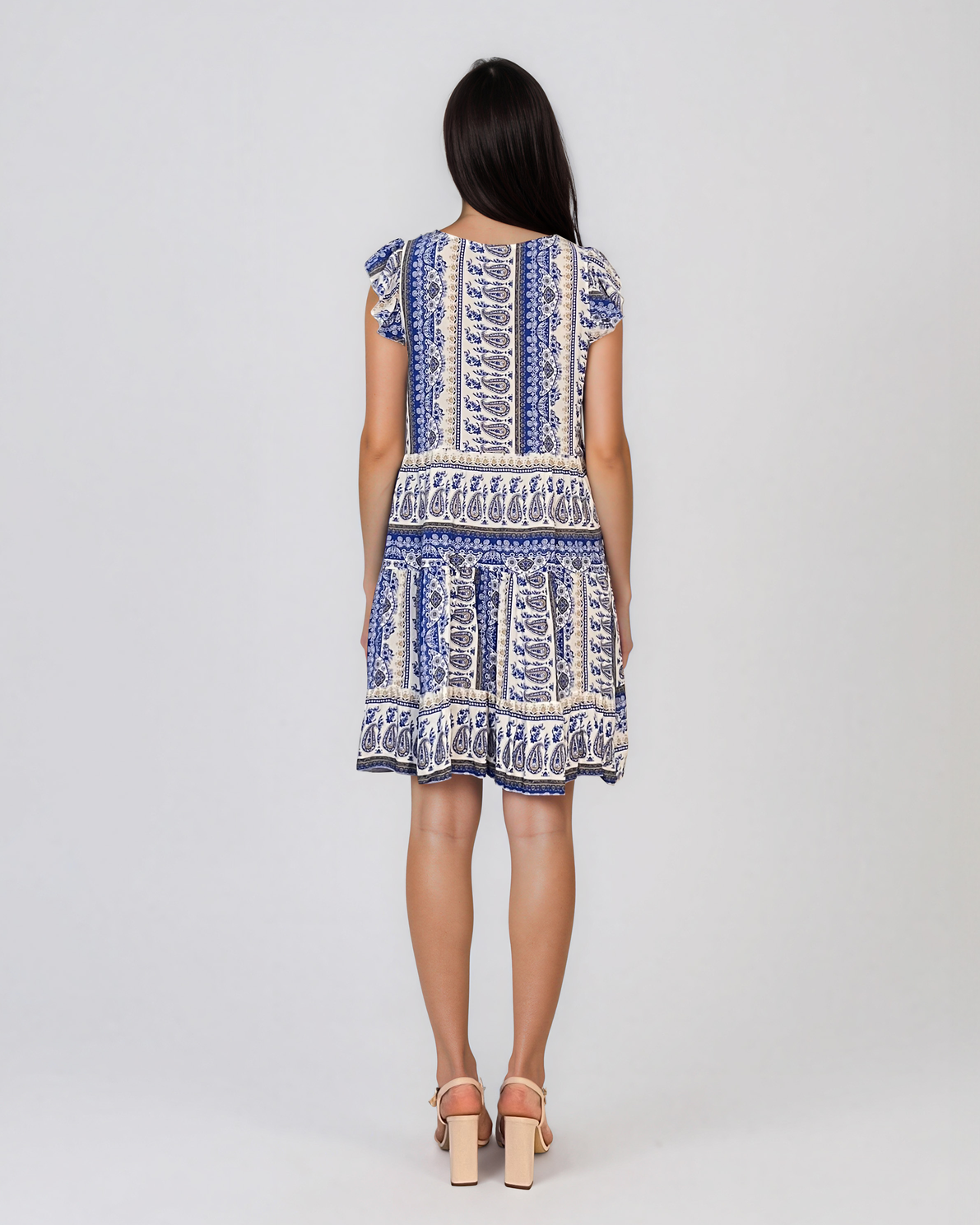 Rochie babydoll din vâscoză  cu print oriental și volane albastru HL099