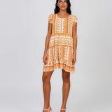 Rochie babydoll din vâscoză  cu print oriental și volane caramiziu HL099