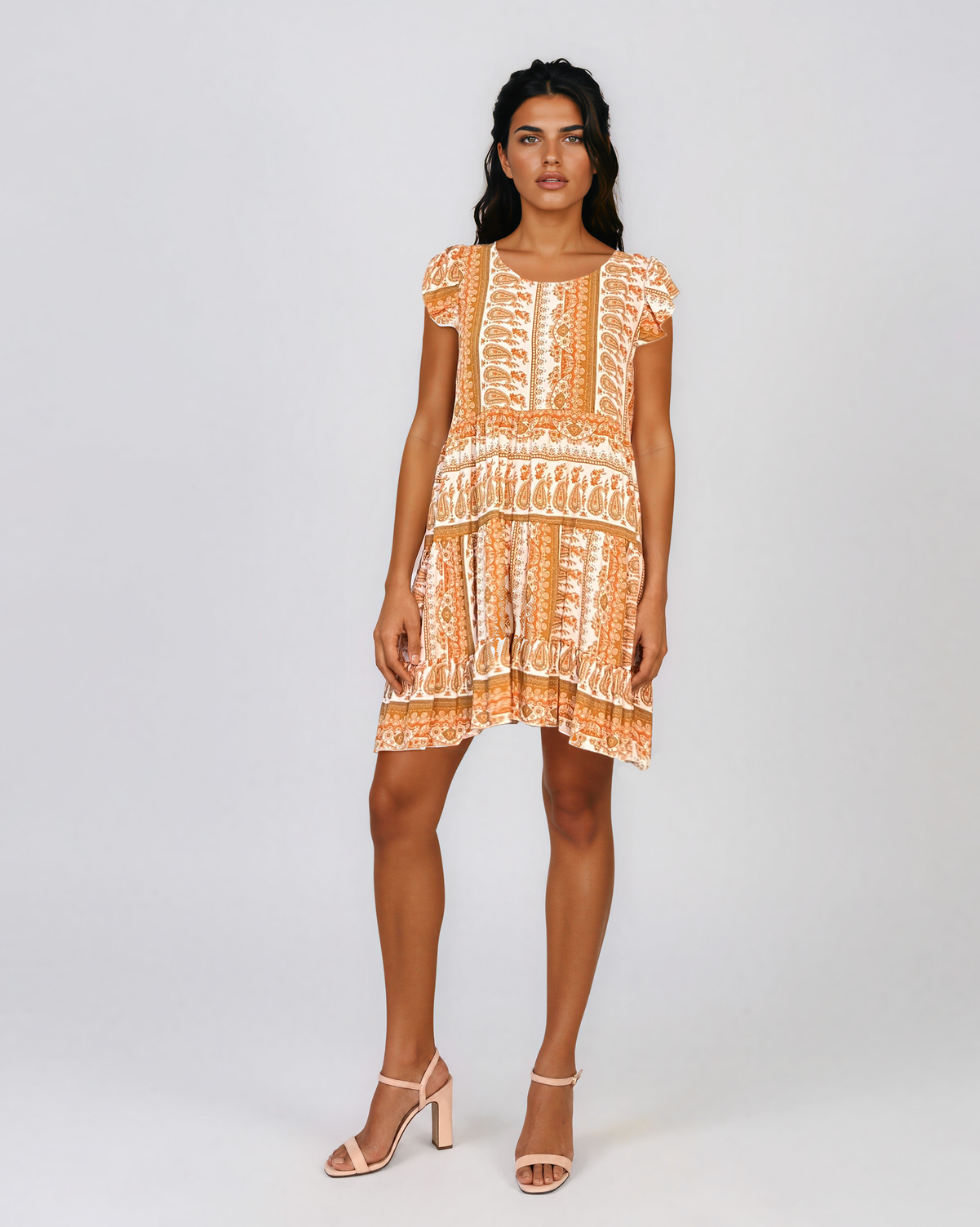 Rochie babydoll din vâscoză  cu print oriental și volane caramiziu HL099