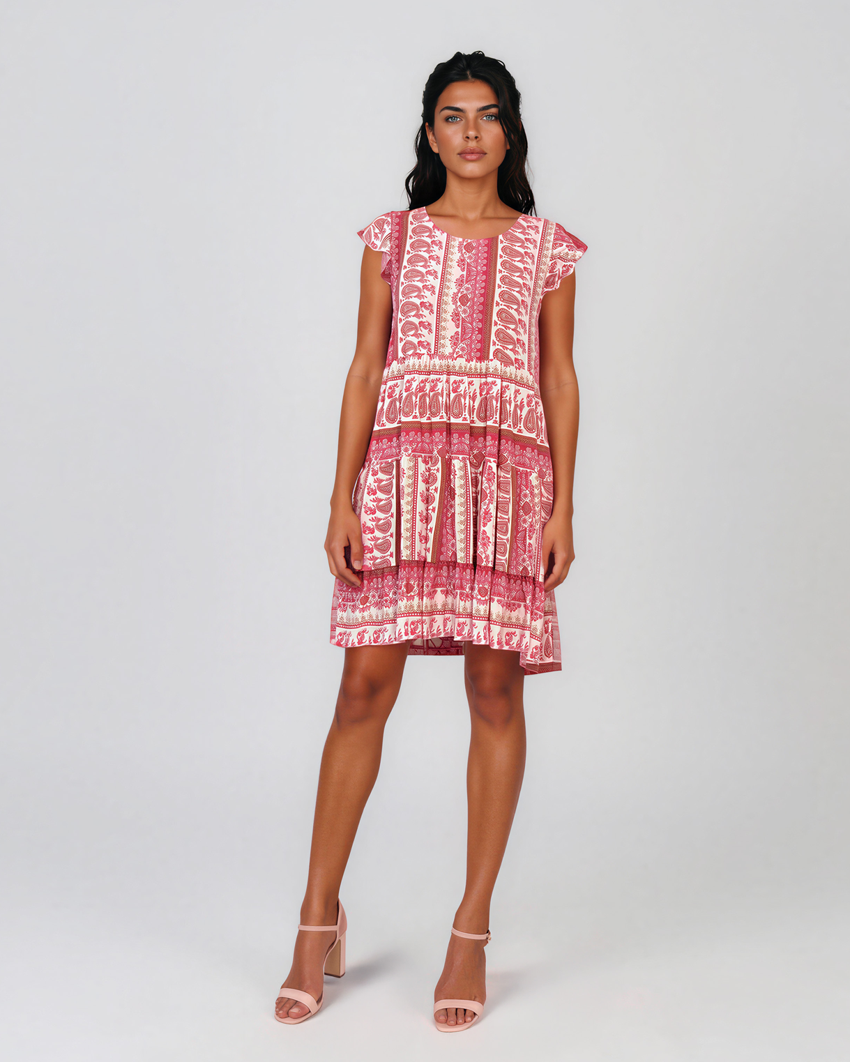 Rochie babydoll din vâscoză  cu print oriental și volane roz HL099