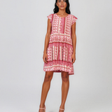 Rochie babydoll din vâscoză  cu print oriental și volane roz HL099