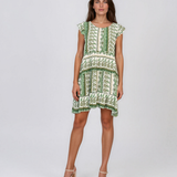 Rochie babydoll din vâscoză  cu print oriental și volane verde HL099