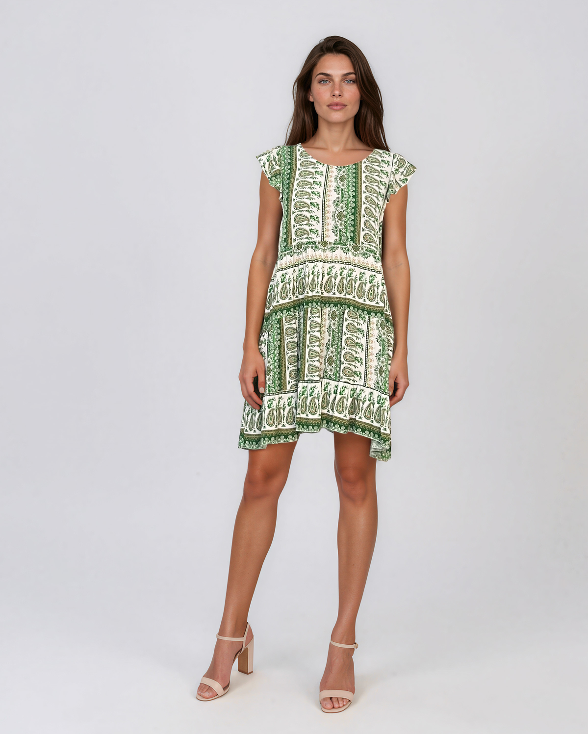 Rochie babydoll din vâscoză  cu print oriental și volane verde HL099