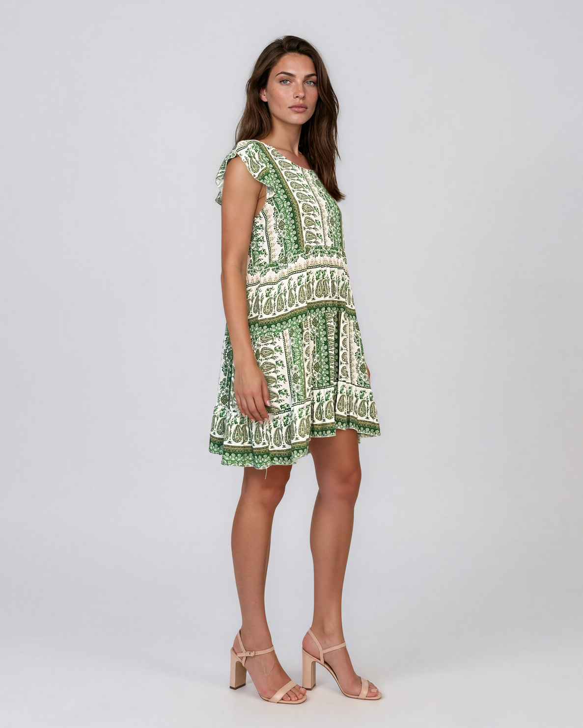 Rochie babydoll din vâscoză  cu print oriental și volane verde HL099