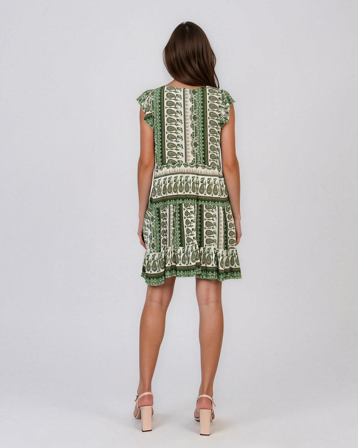 Rochie babydoll din vâscoză  cu print oriental și volane verde HL099