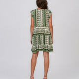 Rochie babydoll din vâscoză  cu print oriental și volane verde HL099