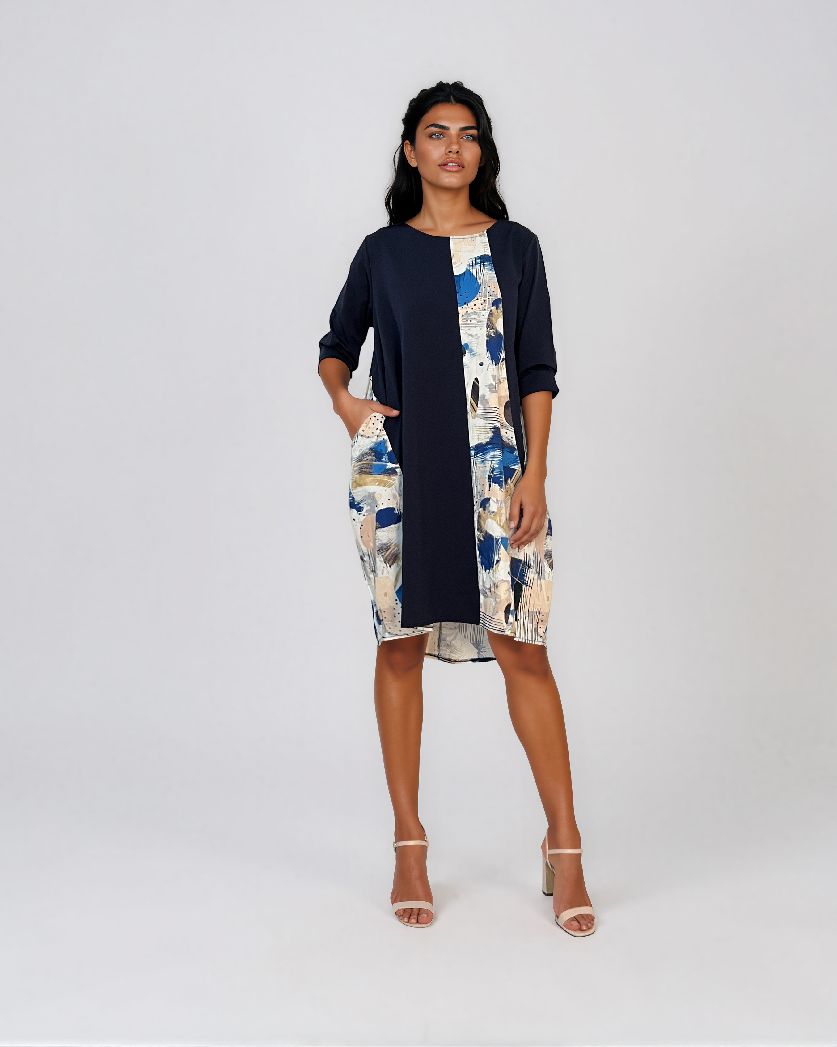 Rochie balon cu inserție colorată bleumarin PN081