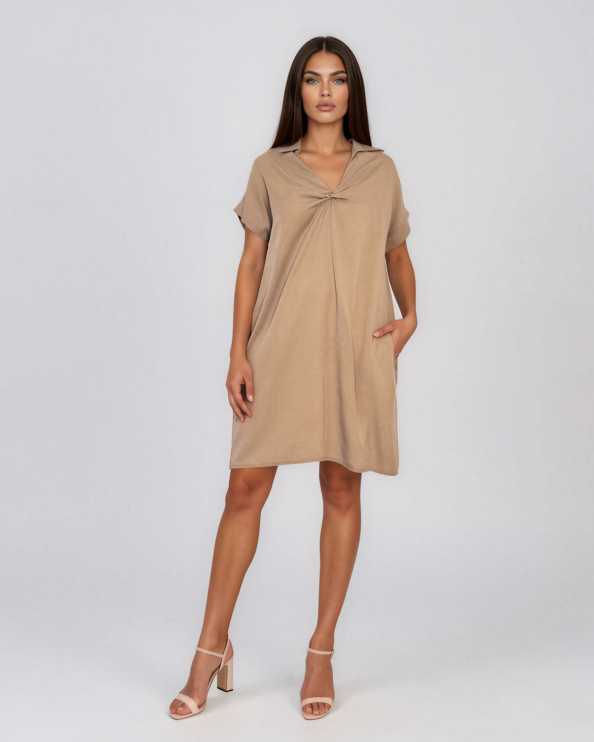 Rochie casual cu nod în piept și buzunare beige HL116