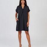 Rochie casual cu nod în piept și buzunare bleumarin HL116