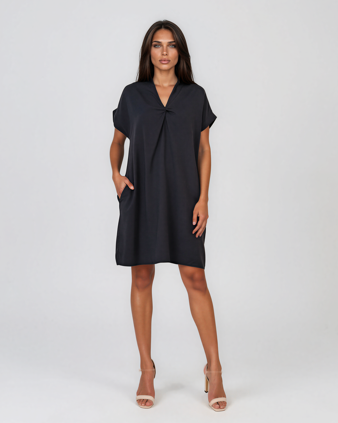 Rochie casual cu nod în piept și buzunare bleumarin HL116