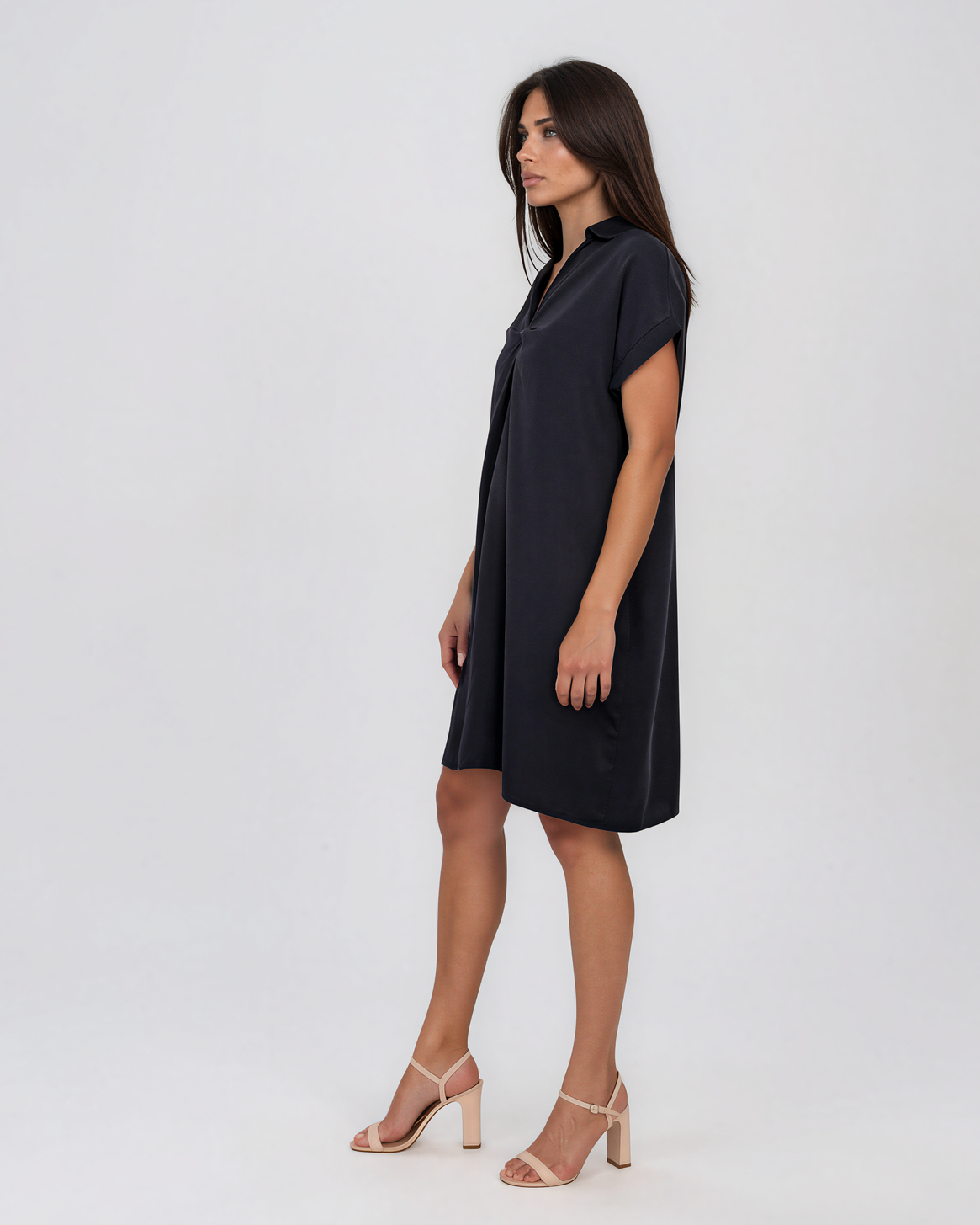 Rochie casual cu nod în piept și buzunare bleumarin HL116