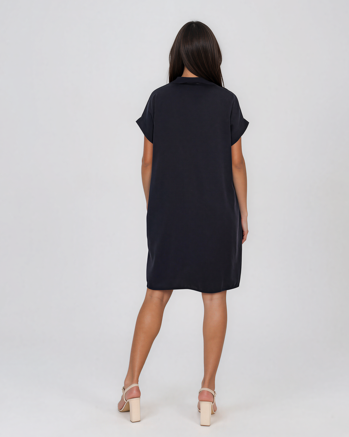 Rochie casual cu nod în piept și buzunare bleumarin HL116
