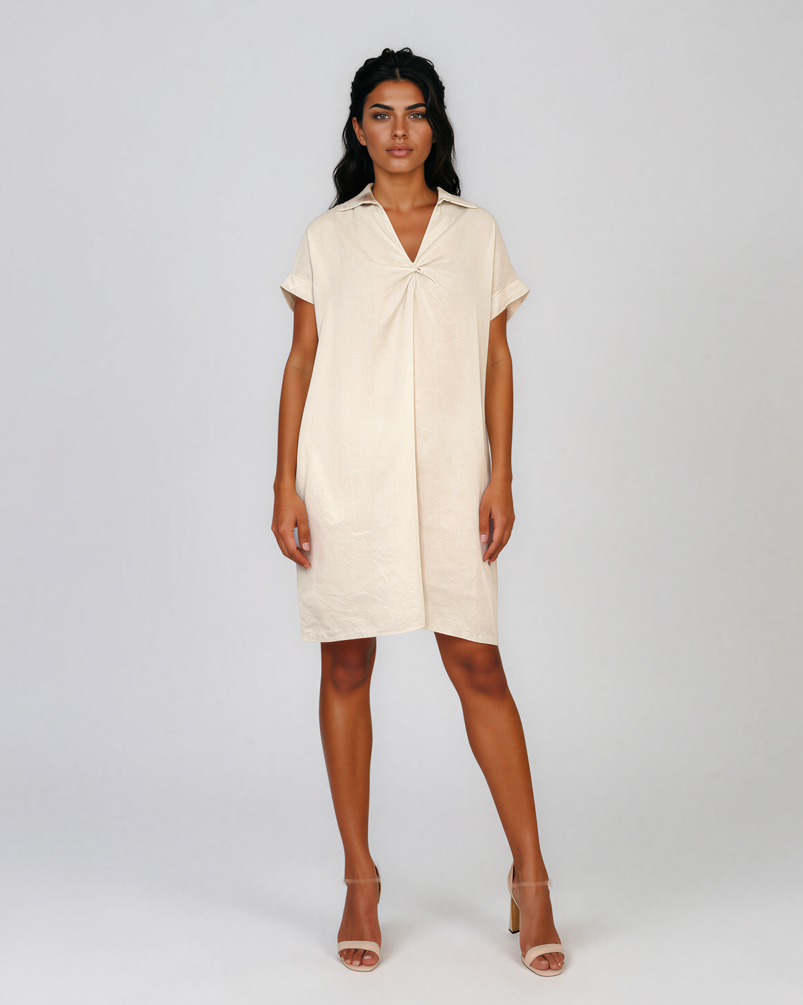 Rochie casual cu nod în piept și buzunare crem HL116