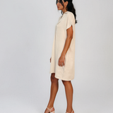 Rochie casual cu nod în piept și buzunare crem HL116