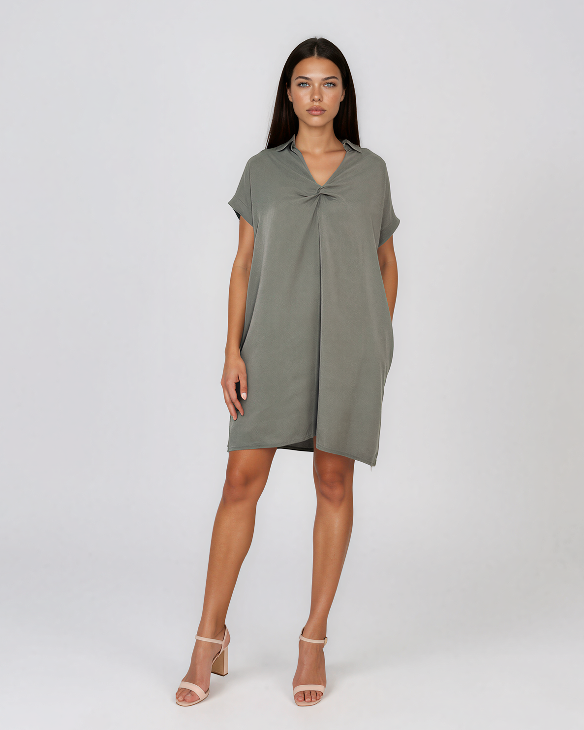 Rochie casual cu nod în piept și buzunare kaki HL116