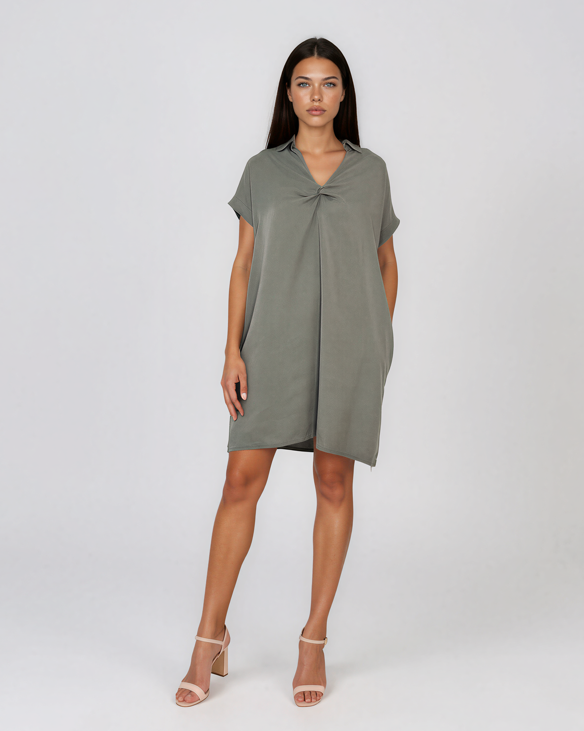 Rochie casual cu nod în piept și buzunare kaki HL116