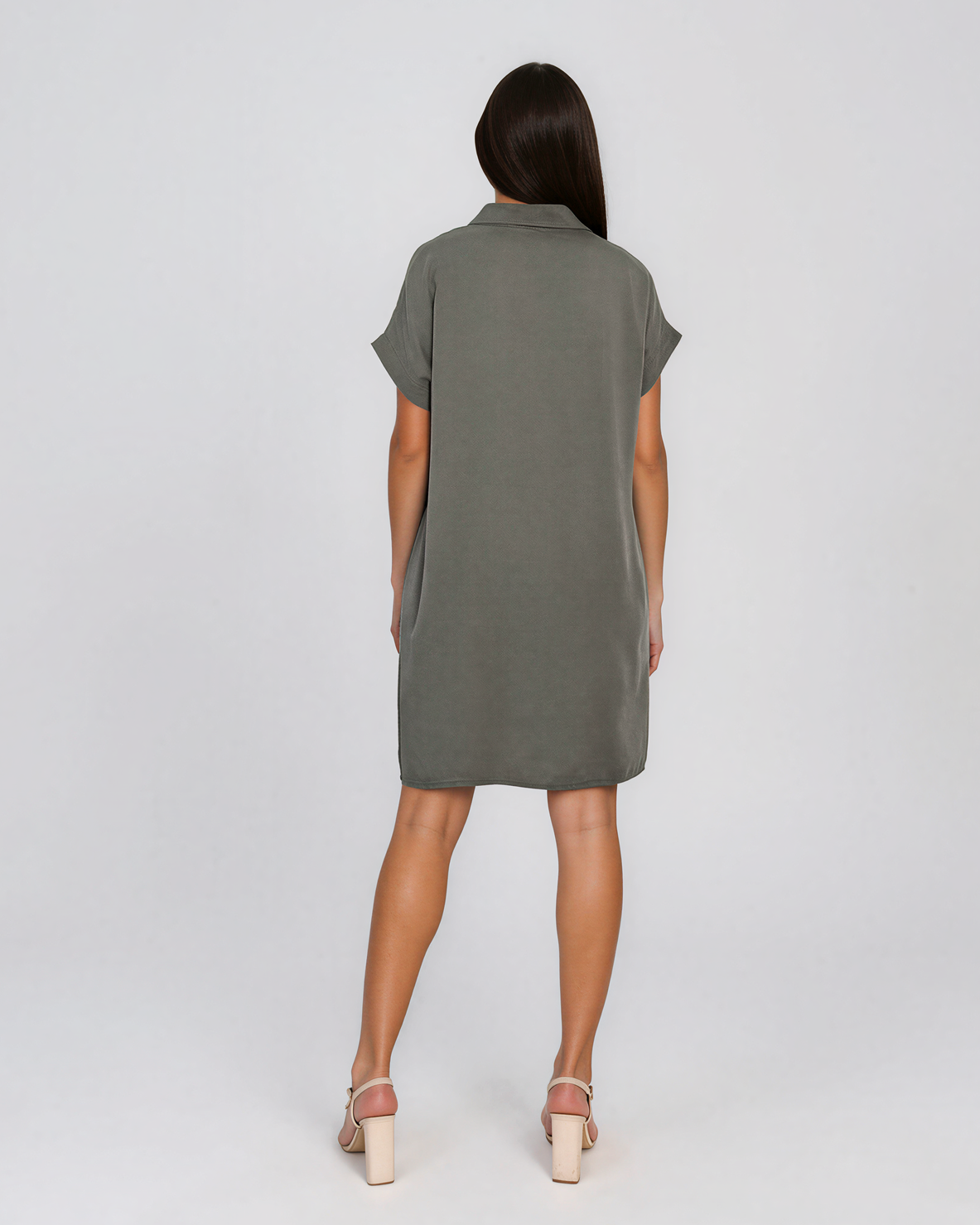 Rochie casual cu nod în piept și buzunare kaki HL116