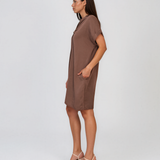 Rochie casual cu nod în piept și buzunare maro HL116