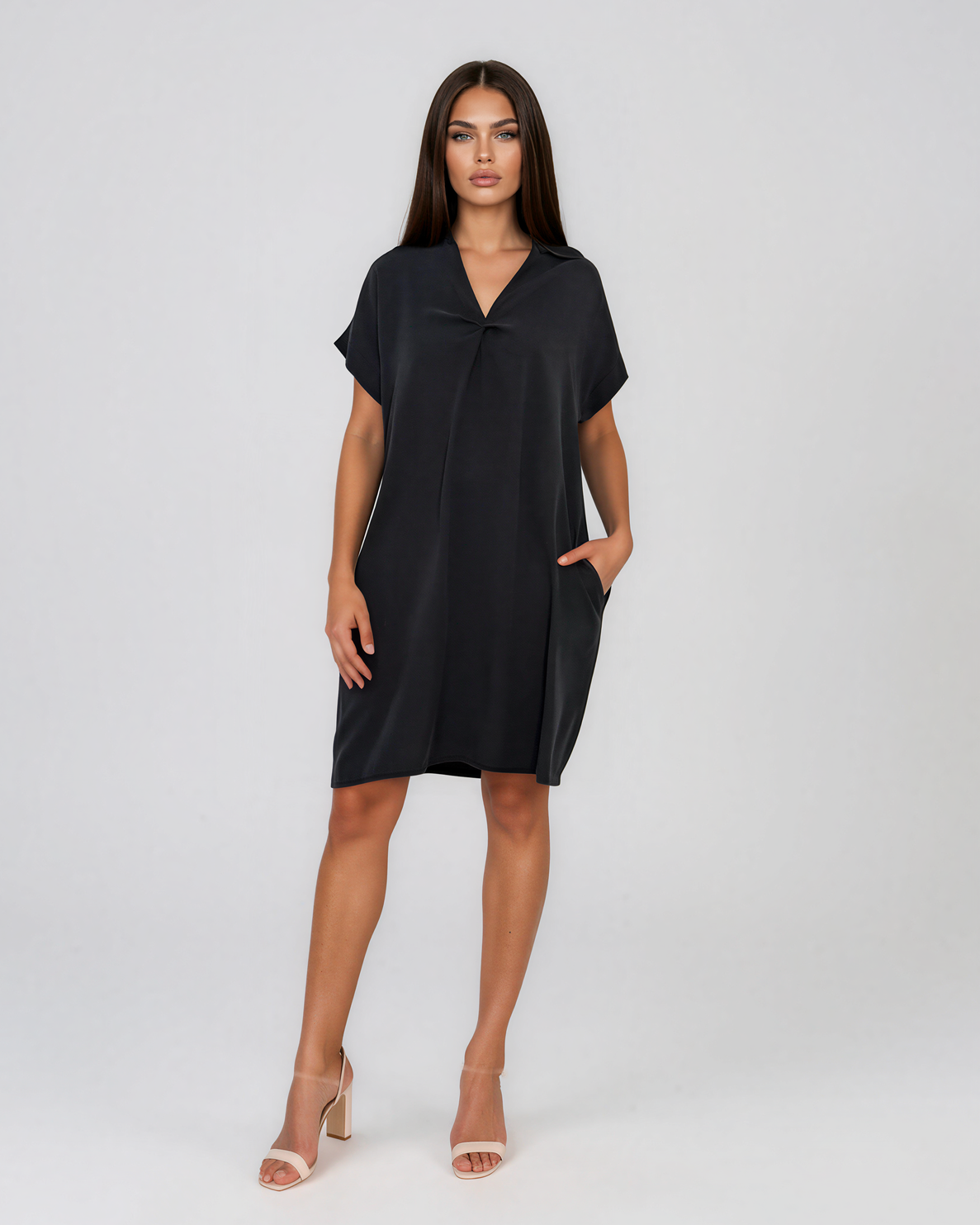 Rochie casual cu nod în piept și buzunare negru HL116