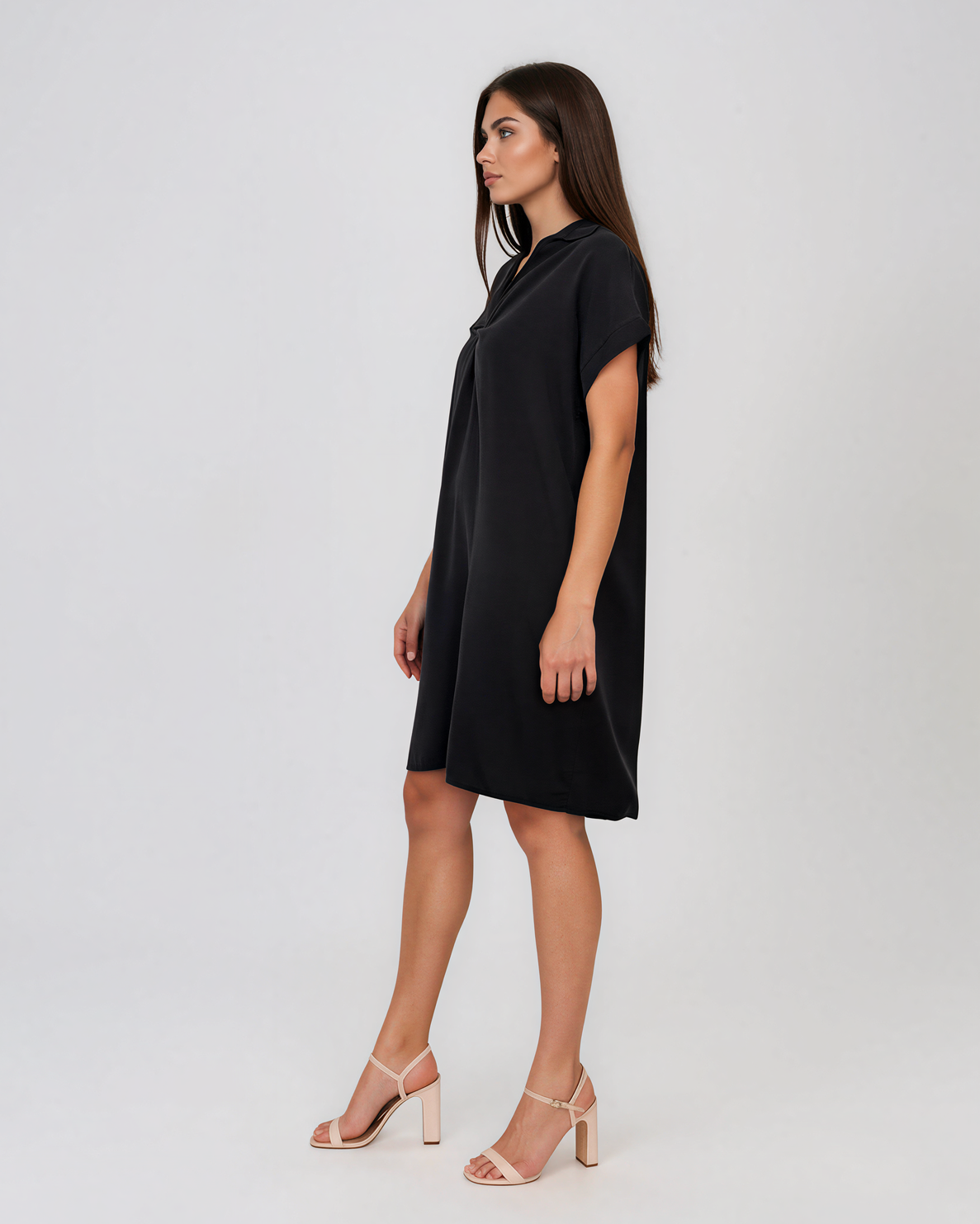 Rochie casual cu nod în piept și buzunare negru HL116