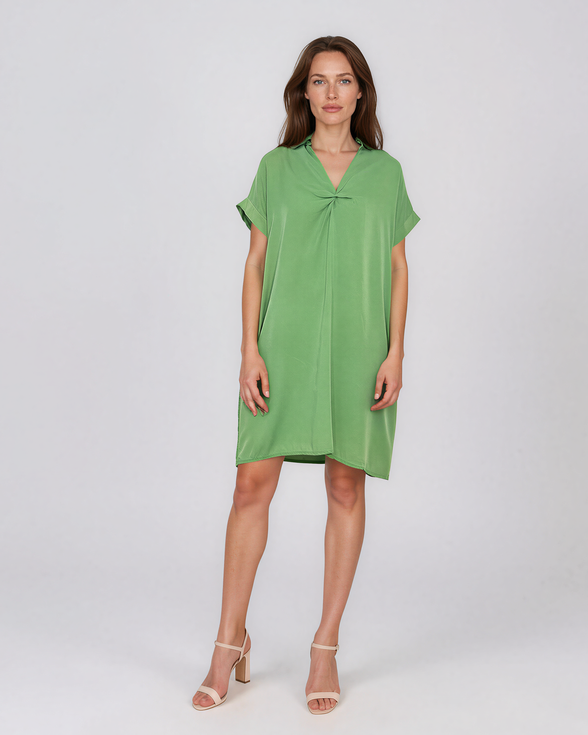Rochie casual cu nod în piept și buzunare verde HL116