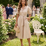 Rochie cloș cu cordon și mâneci bufante beige HL126