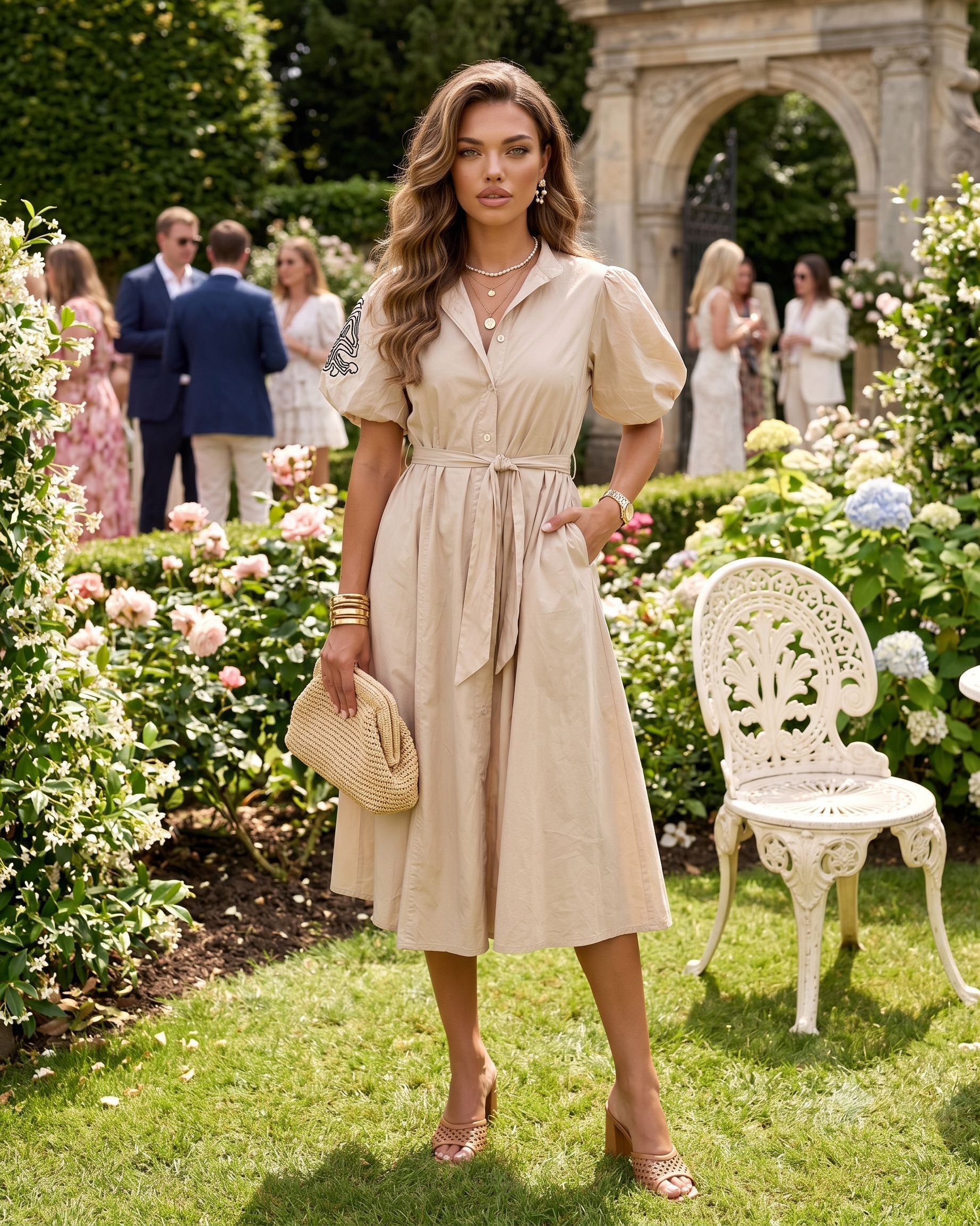 Rochie cloș cu cordon și mâneci bufante beige HL126