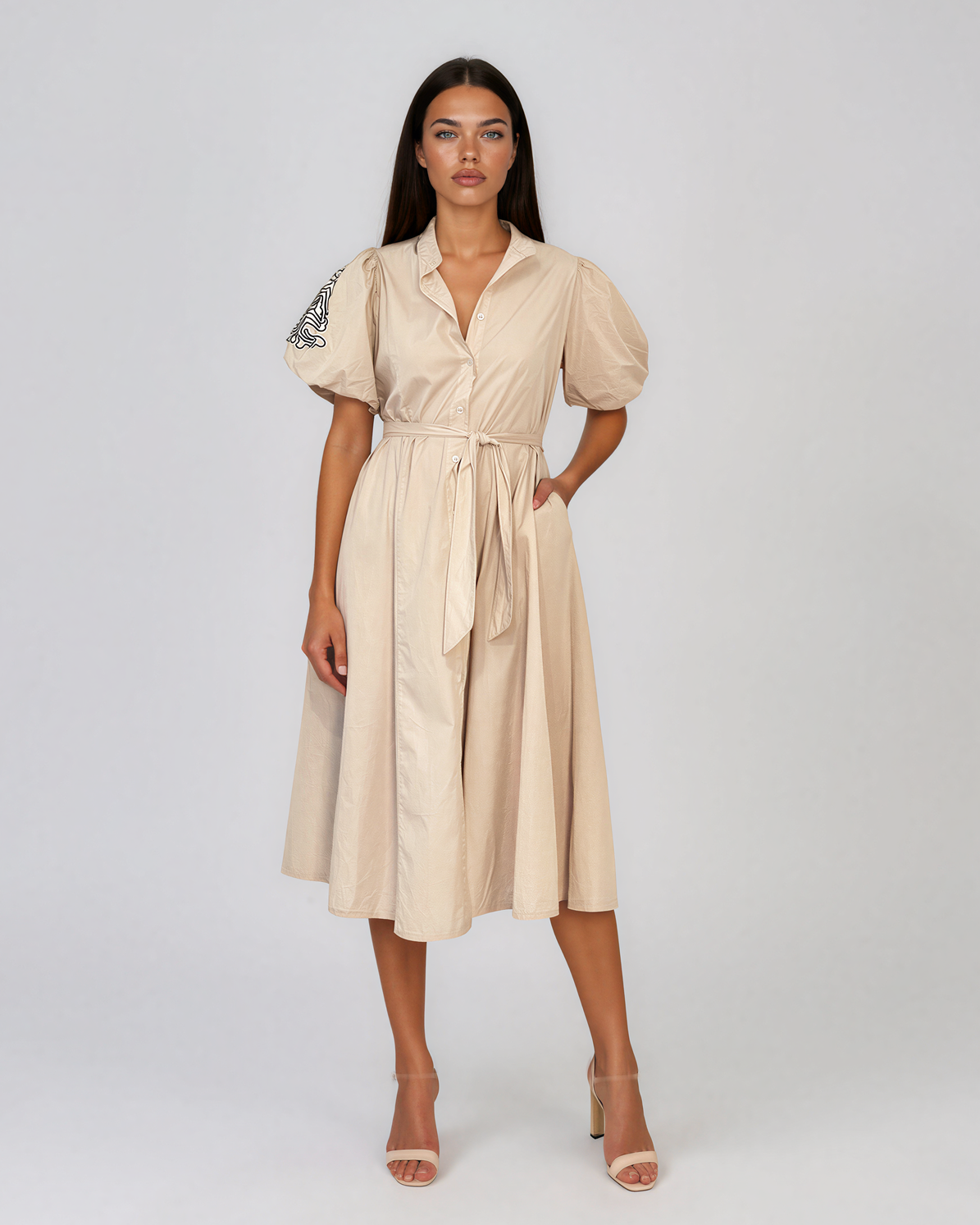 Rochie cloș cu cordon și mâneci bufante beige HL126