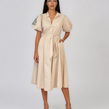 Rochie cloș cu cordon și mâneci bufante beige HL126