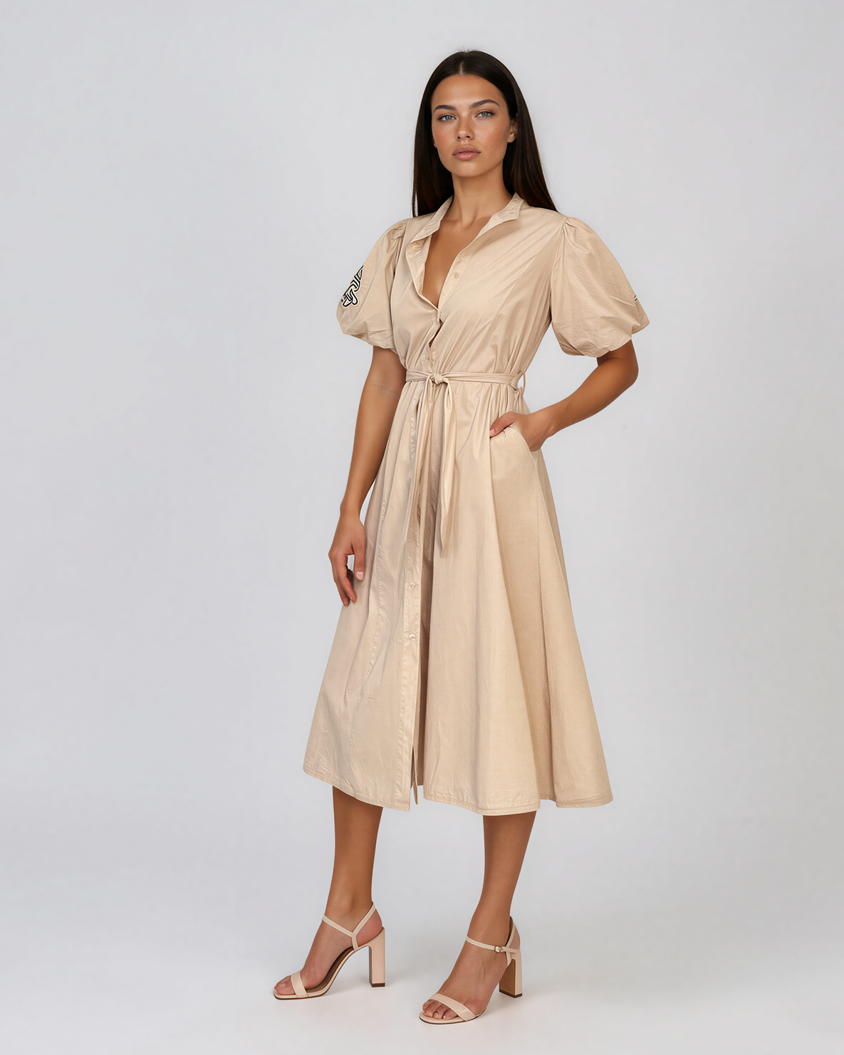 Rochie cloș cu cordon și mâneci bufante beige HL126