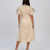Rochie cloș cu cordon și mâneci bufante beige HL126