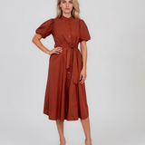 Rochie cloș cu cordon și mâneci bufante caramiziu HL126