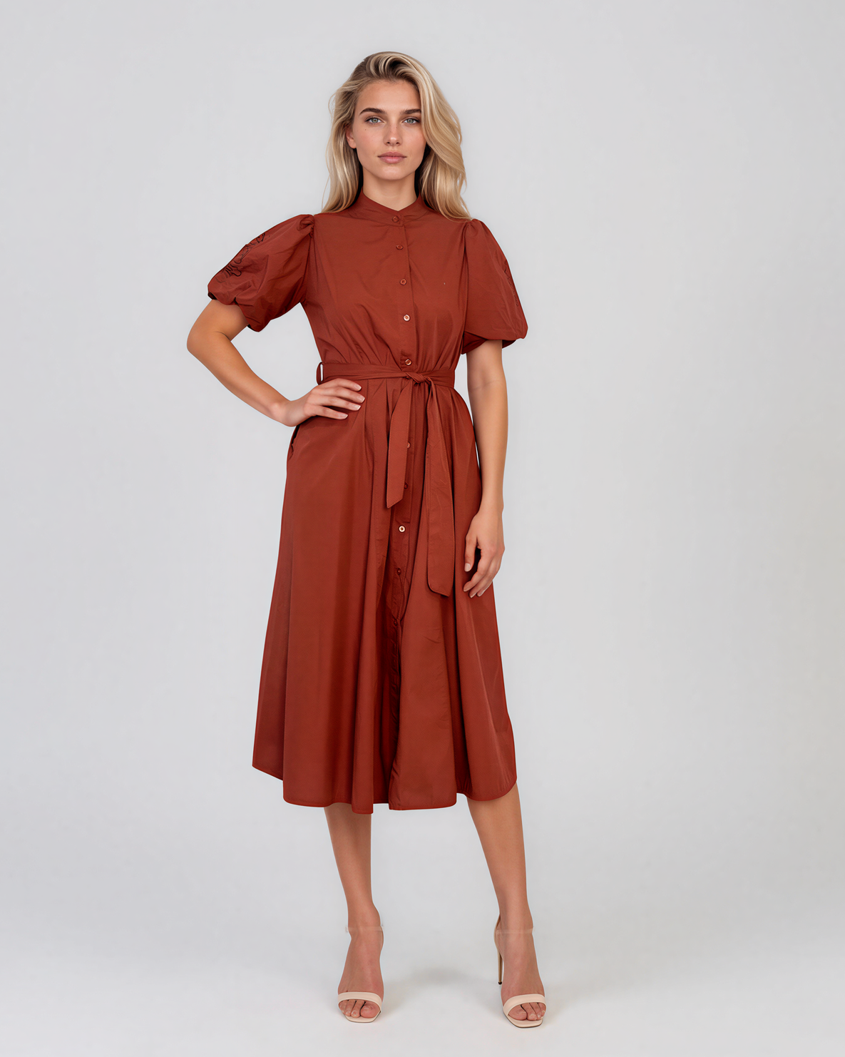 Rochie cloș cu cordon și mâneci bufante caramiziu HL126
