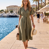Rochie cloș cu cordon și mâneci bufante kaki HL126