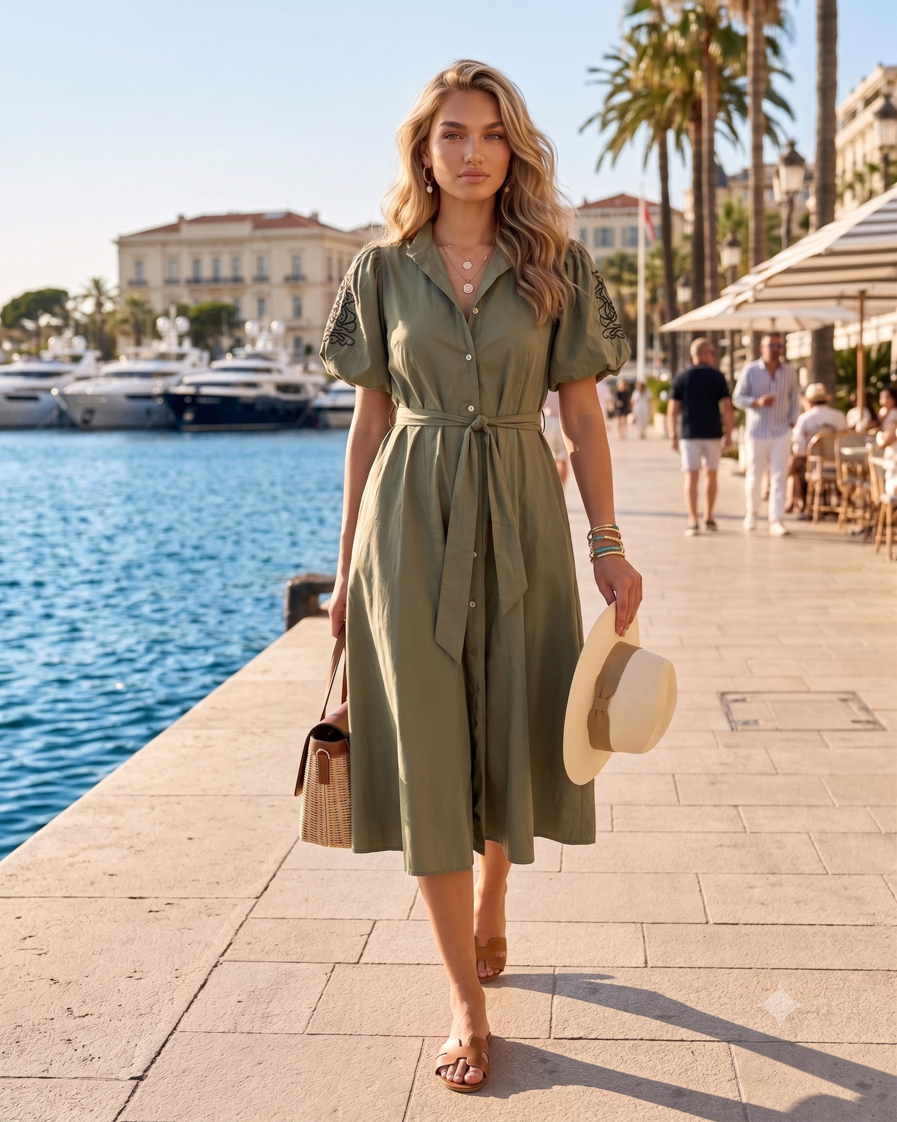 Rochie cloș cu cordon și mâneci bufante kaki HL126